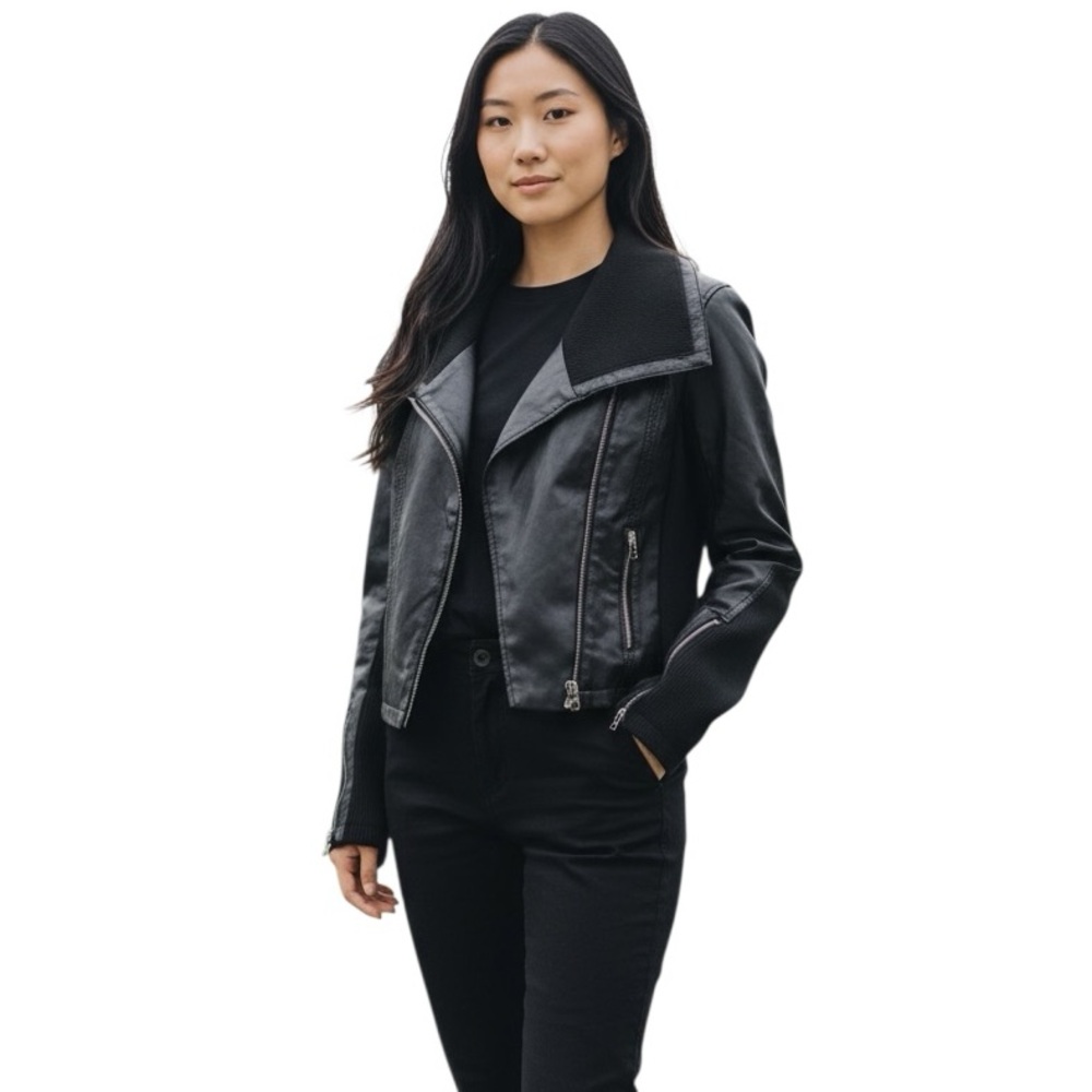 Black Faux Leather Moto Jacket Women's Size S Minimalist Fall Thread & Supply